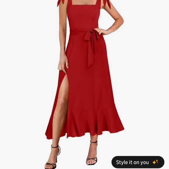 Dresses & Skirts - Elegant Red Tie-Waist Square Neck Maxi Dress